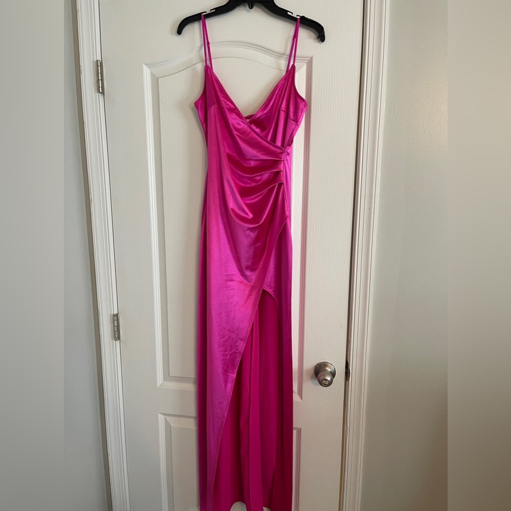 Asymmetric split leg satin gown